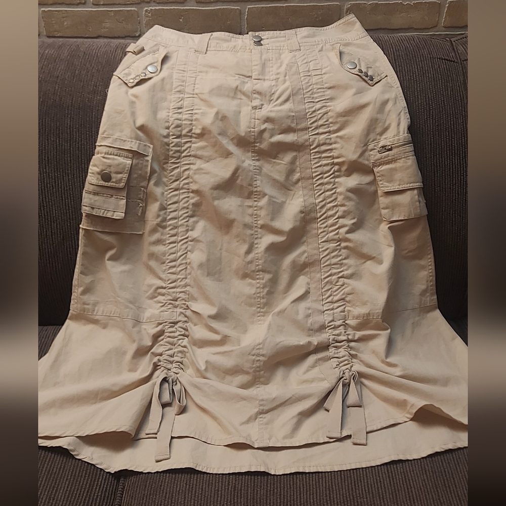 Y2K Utility Cargo Midi Skirt Cream Cotton Ruched Hem Deane White Sz 4 - Picture 3 of 13
